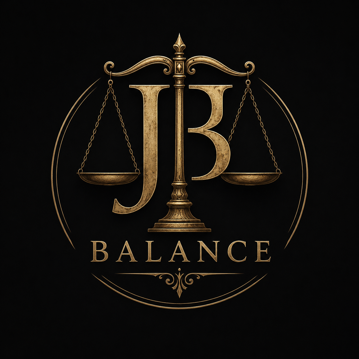 JB Balance logotyp — guldfärgat JB-monogram med vågskål